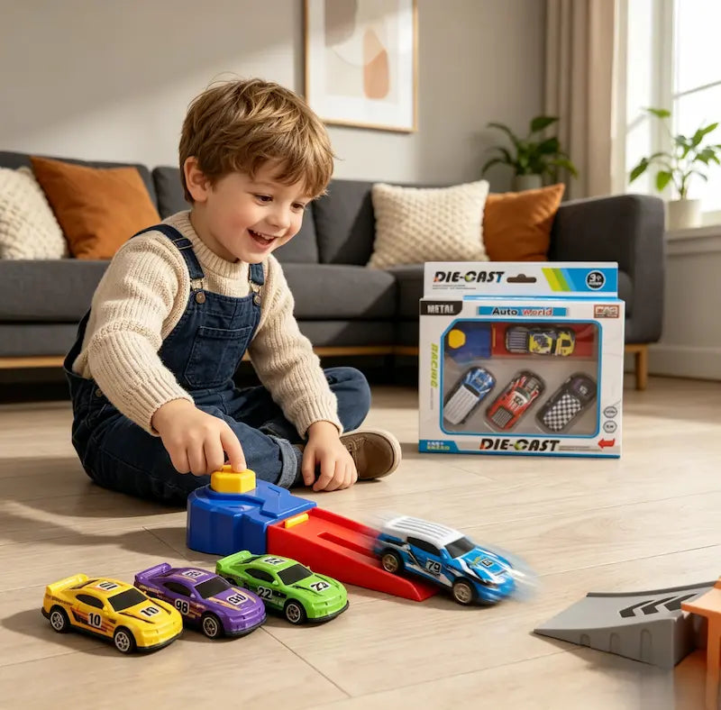 Press & Launch Kids Car Catapult Racing Set & Die-Cast Vehicles