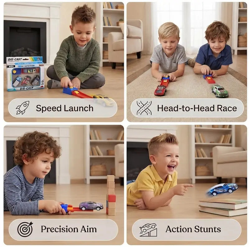 Press & Launch Kids Car Catapult Racing Set & Die-Cast Vehicles